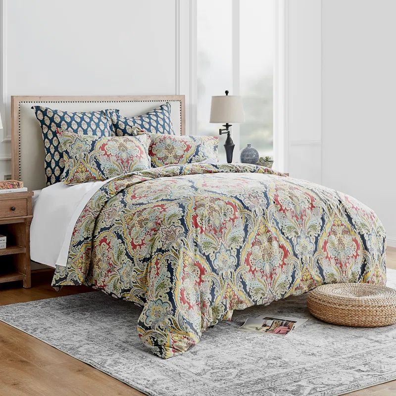 Moreno Full/Queen Multicolor Cotton Damask Duvet Cover Set