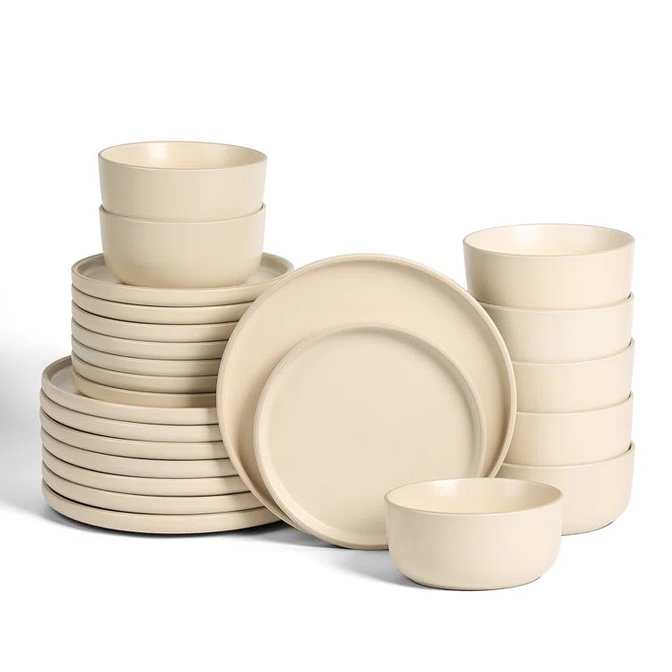 Amber Beige and White Ceramic 24-Piece Dinnerware Set