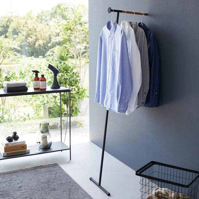 Slim Black Steel and Wood Freestanding Coat Rack