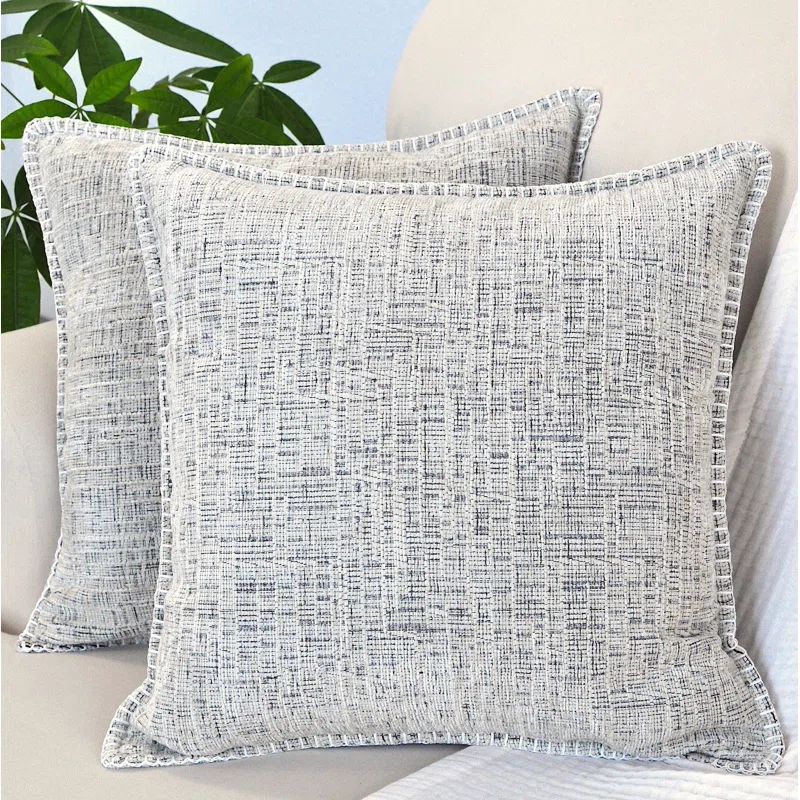 Cream White Chenille Square Throw Pillow Covers with Piped Edges, Set of 2
