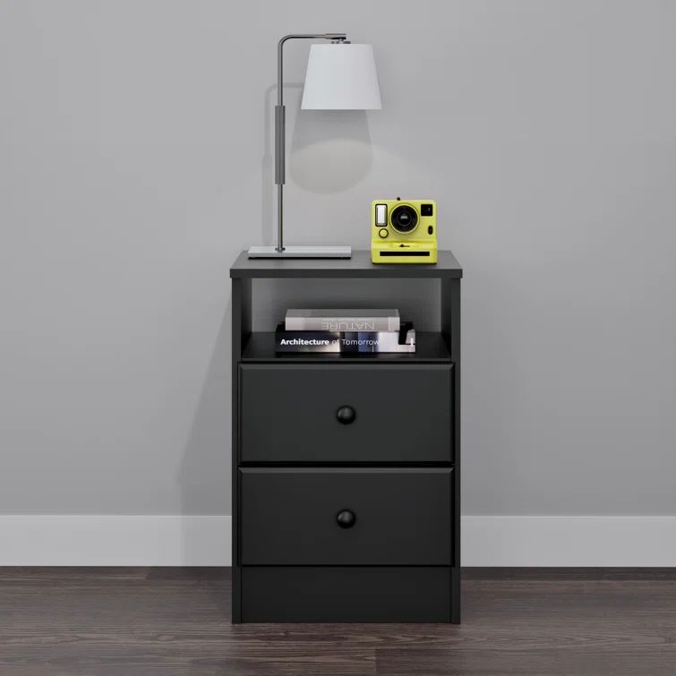 Astrid Timeless Black Nightstand with 2 Drawers and Open Shelf