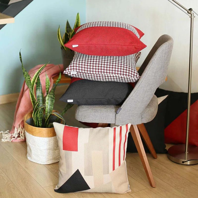 Boho-Chic Red Jacquard Houndstooth Lumbar Throw Pillow Cover