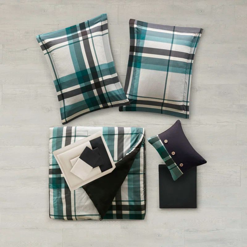 Twin Black and Teal Plaid Microfiber Bed in a Bag Set