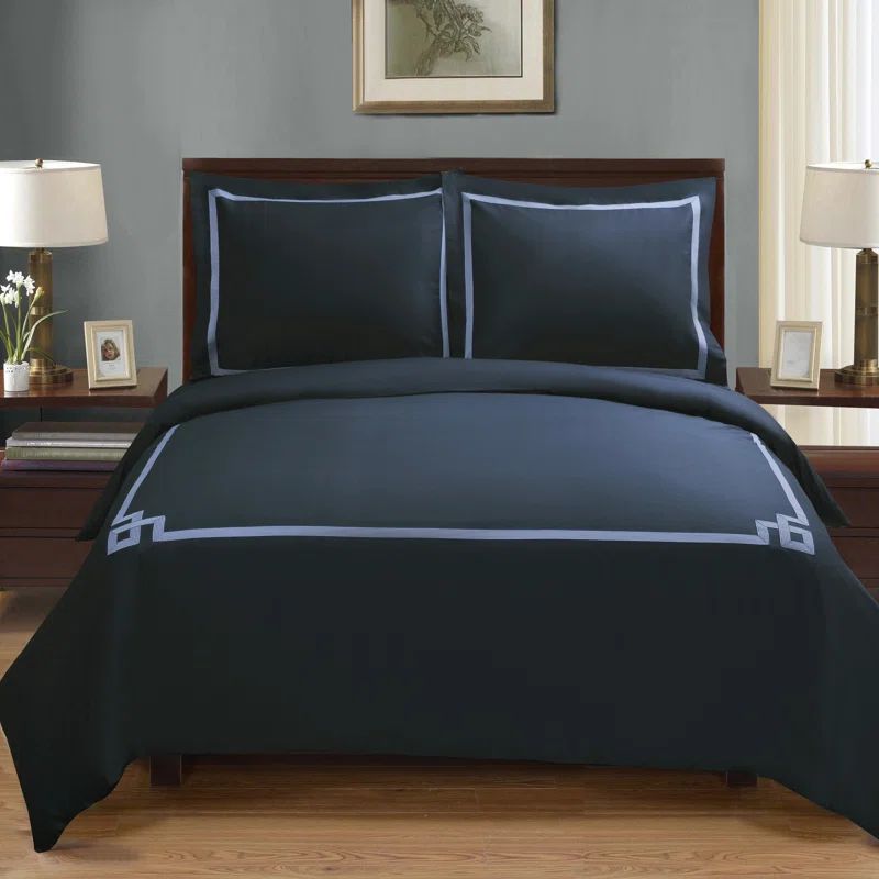 Navy Blue Cotton Embroidered Full/Queen Duvet Cover Set
