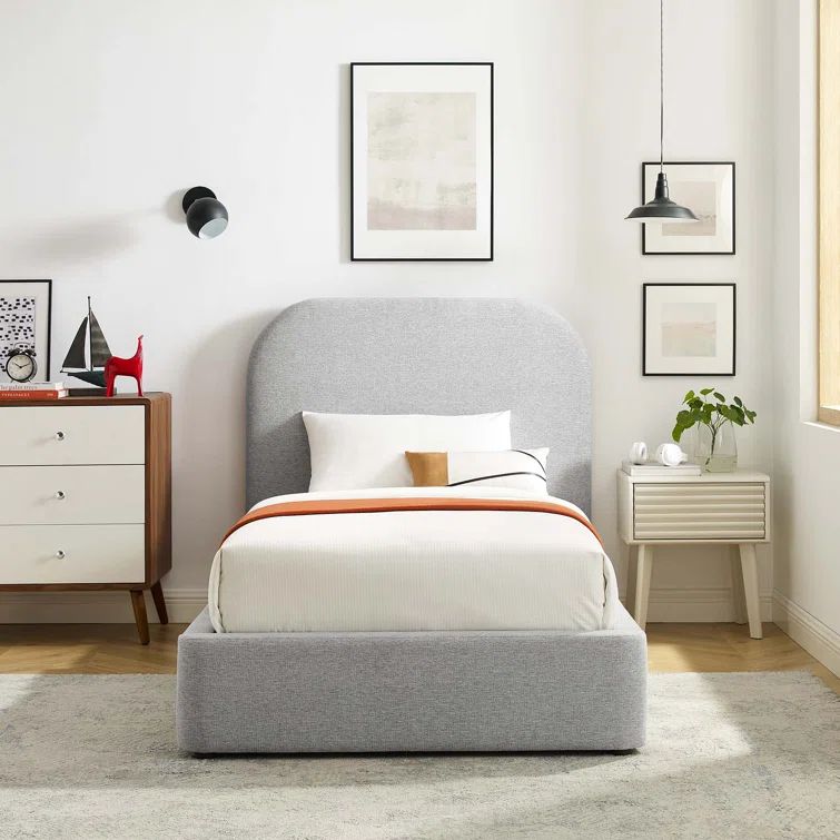 Heathered Light Gray Twin Upholstered Velvet Platform Bed
