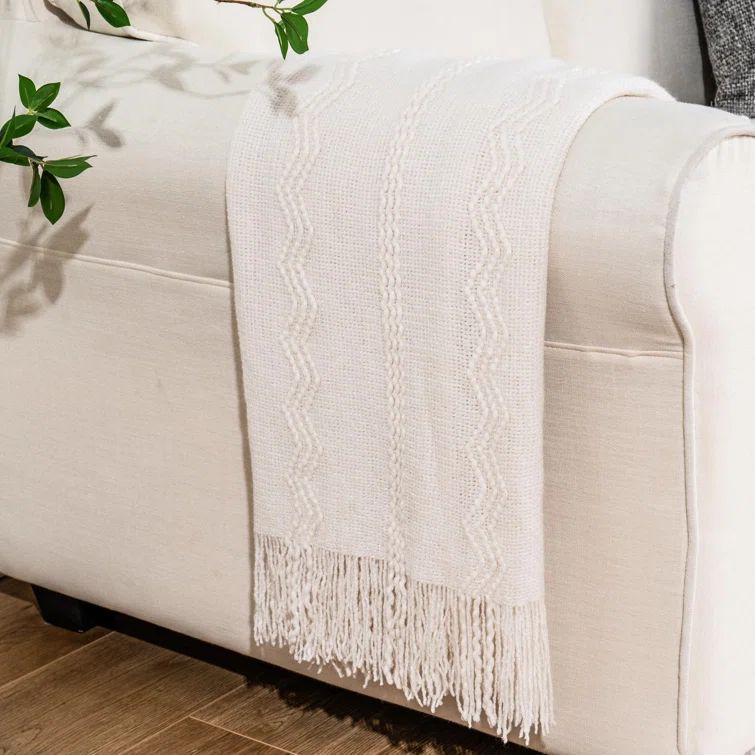 Cream Knitted Lightweight Polyester Throw Blanket