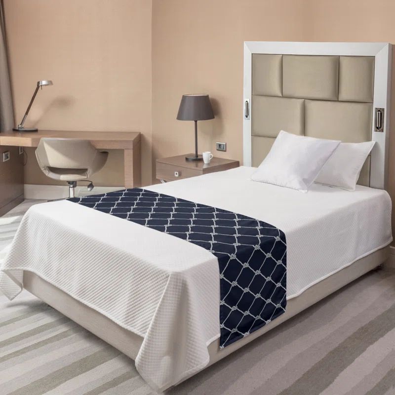 Navy Blue and White Polyester Queen Bed Runner