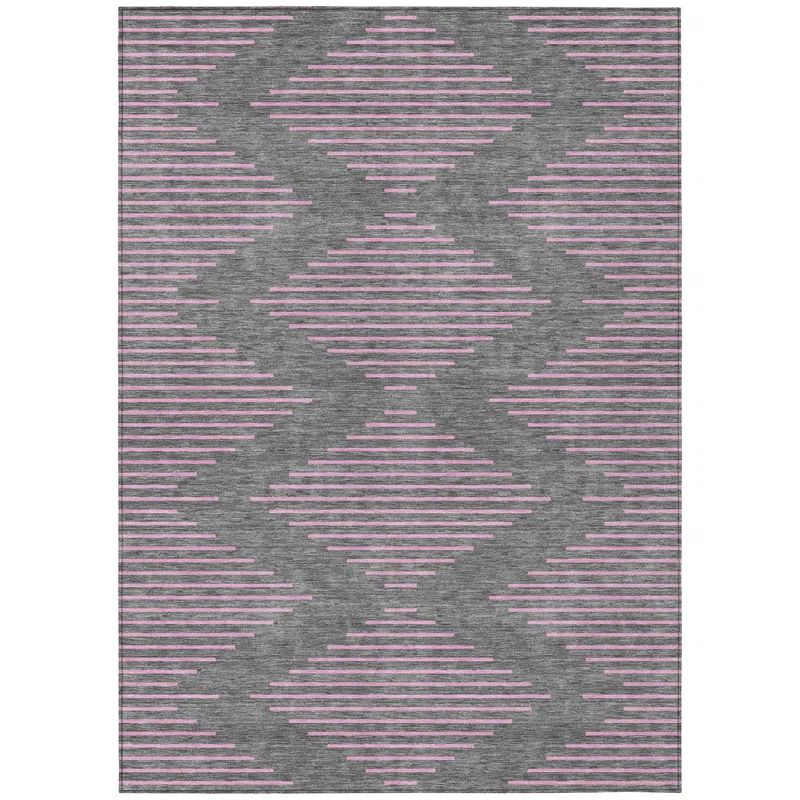 Gray and Pink Geometric Washable Synthetic Rug