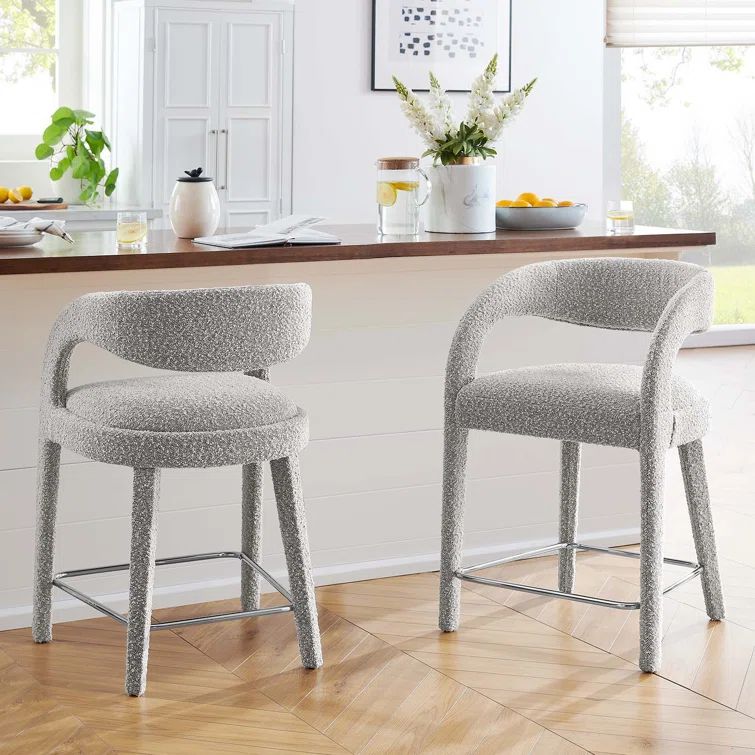 Taupe Silver Boucle Upholstered Counter Stools with Metal Legs, Set of 2