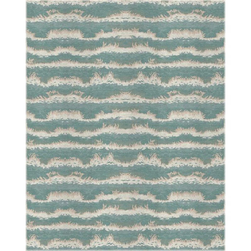 Hand-Knotted Blue and Silver Wool Silk Abstract Rug