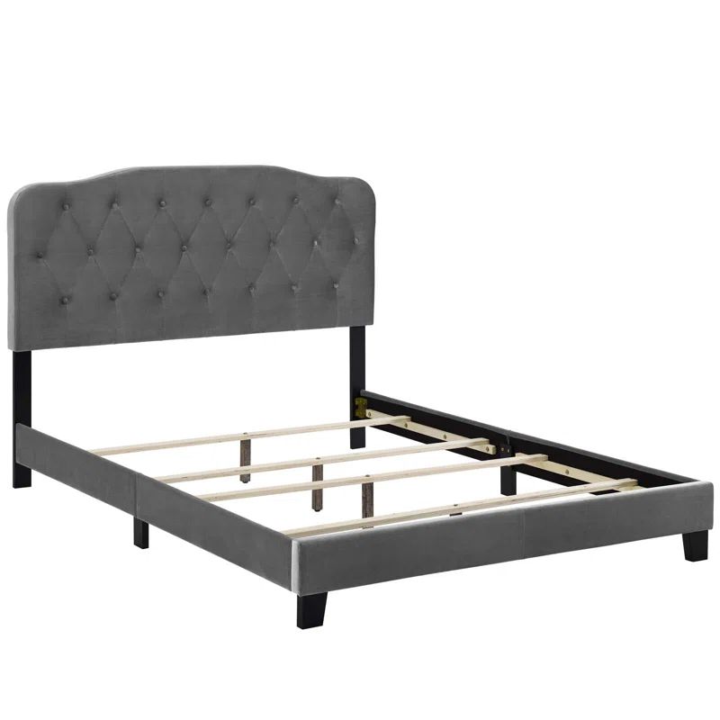 Gray Velvet Upholstered Queen Bed with Tufted Headboard