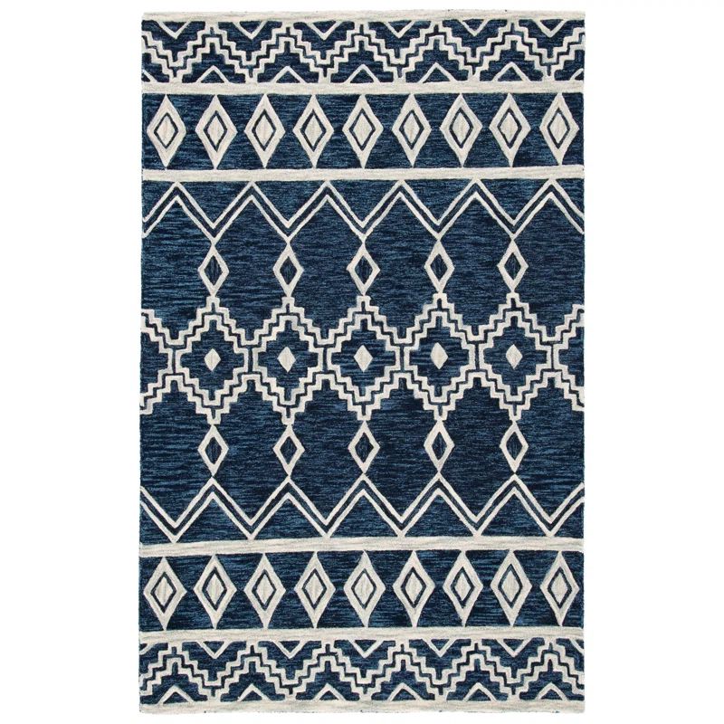 Ivory and Navy Tufted Wool Abstract Square Rug