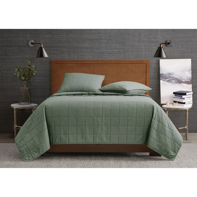 Green Microfiber Full Quilt Set with Garment-Washed Texture