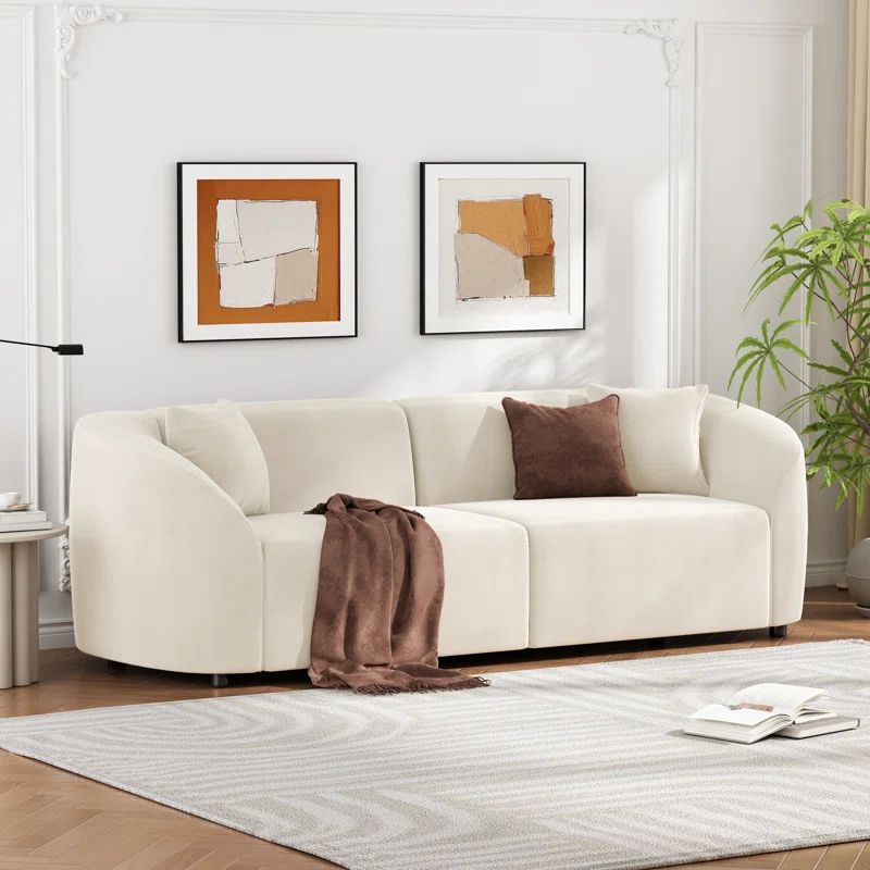 Beige Velvet Upholstered Curved 2-Seater Sectional Sofa