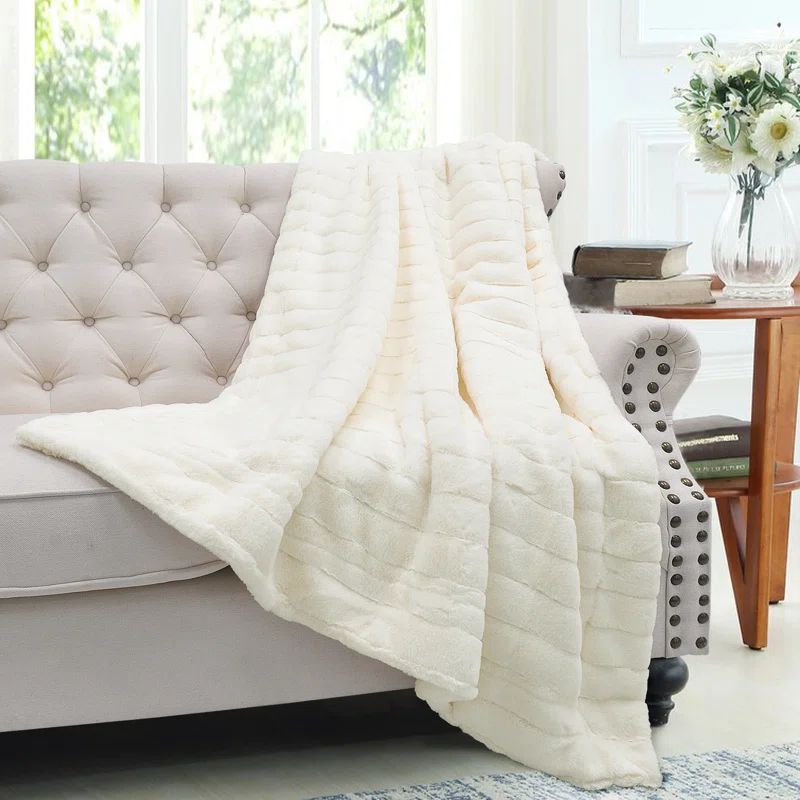 Antique White Faux Mink Fur Reversible Throw Blanket