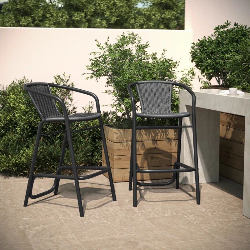 Gray Rattan and Black Aluminum Indoor-Outdoor Barstools with Arms, Set of 2
