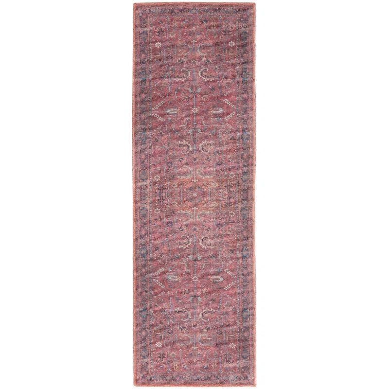 Brick Red Floral Cotton Chenille Runner Rug 2'2" x 12'