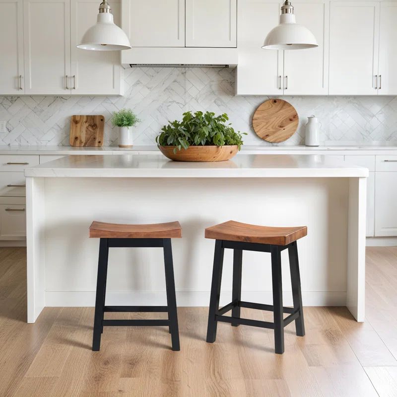 Modern Farmhouse 24" Solid Wood Saddle Barstool in Walnut and Black