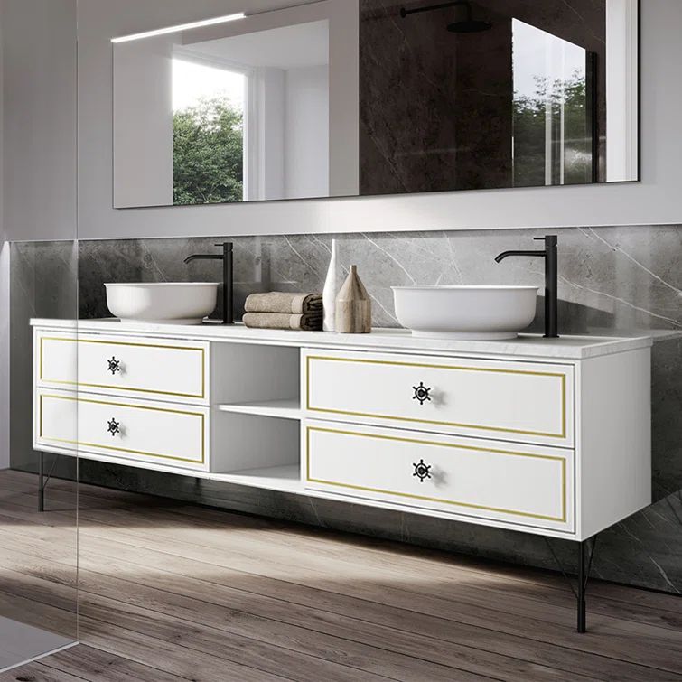 Eleen 96" White Solid Wood Floating Vanity Cabinet