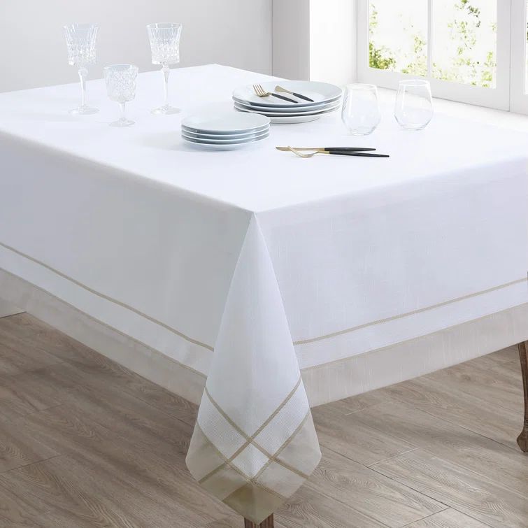 White Polyester Tablecloth with Banded Border Design