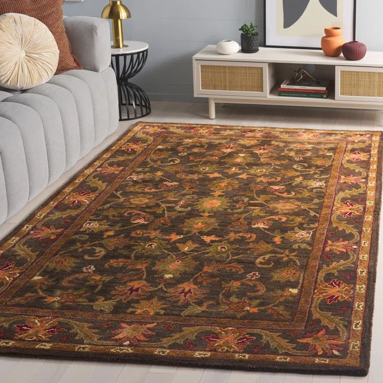 Handmade Green and Gold Tufted Wool Rug, 5' x 8'