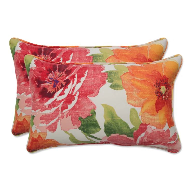 Bright Floral Green and Orange Rectangular Outdoor Throw Pillows Set
