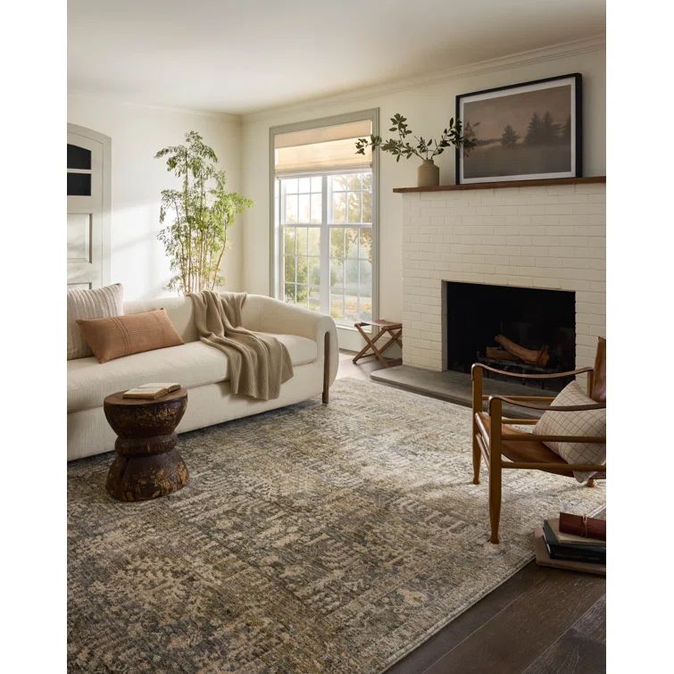 Moss and Natural Vintage Botanical Nylon Area Rug with Fringe