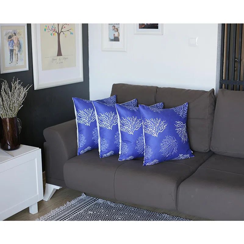Blue and White Coastal Reef Polyester Pillow Covers Set of 4