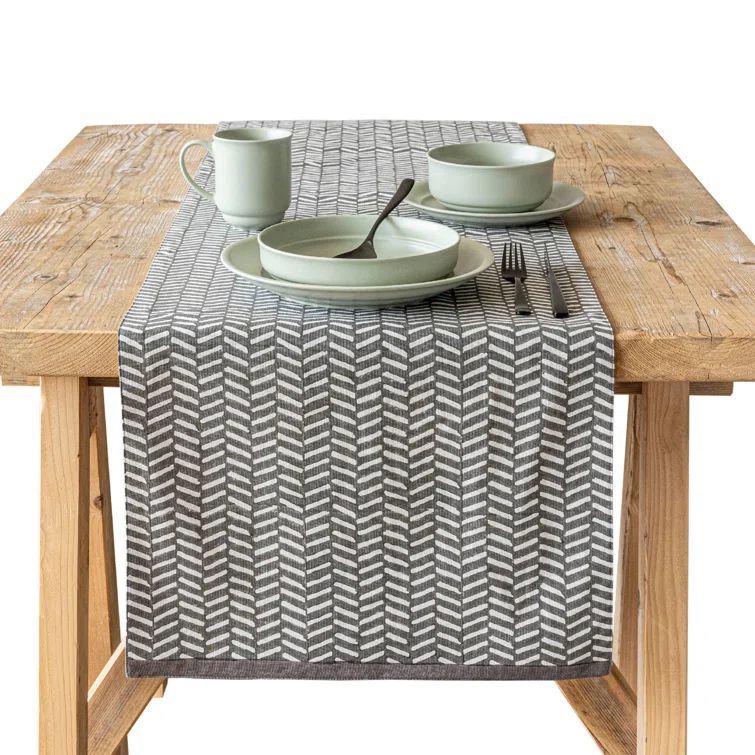 Grey Herringbone Hand-Blocked Cotton Table Runner 18" x 90"
