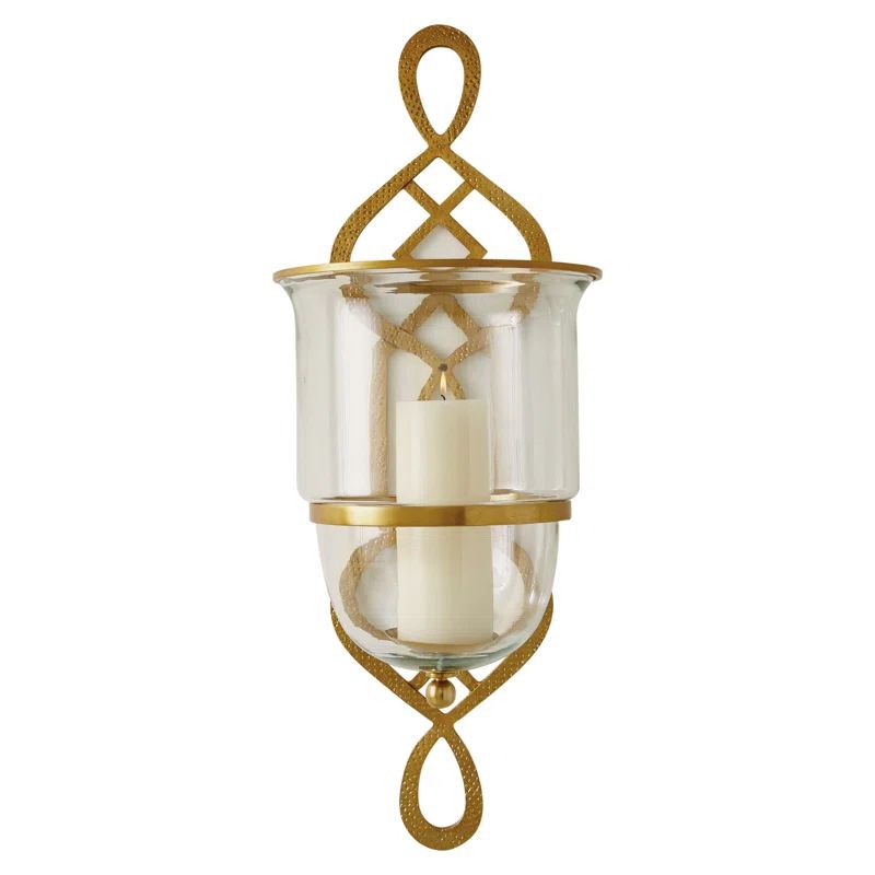 Grand Fret Gold Hand-Forged Iron Wall Sconce with Glass Hurricane