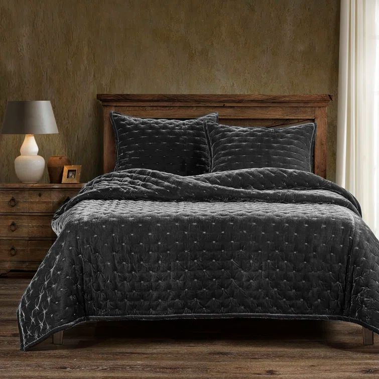 Luxurious Dark Slate Velvet King Quilt Set