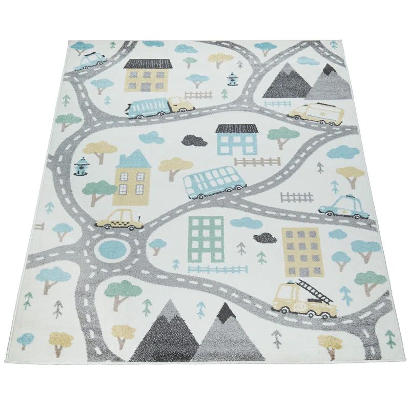 Pastel Multicolor Polypropylene Nursery Rug with Streets and Cars Motif