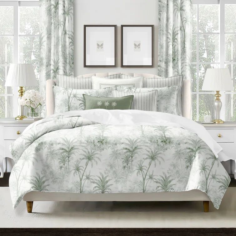 Ivory Cotton Reversible Queen Comforter Set with Tropical Design