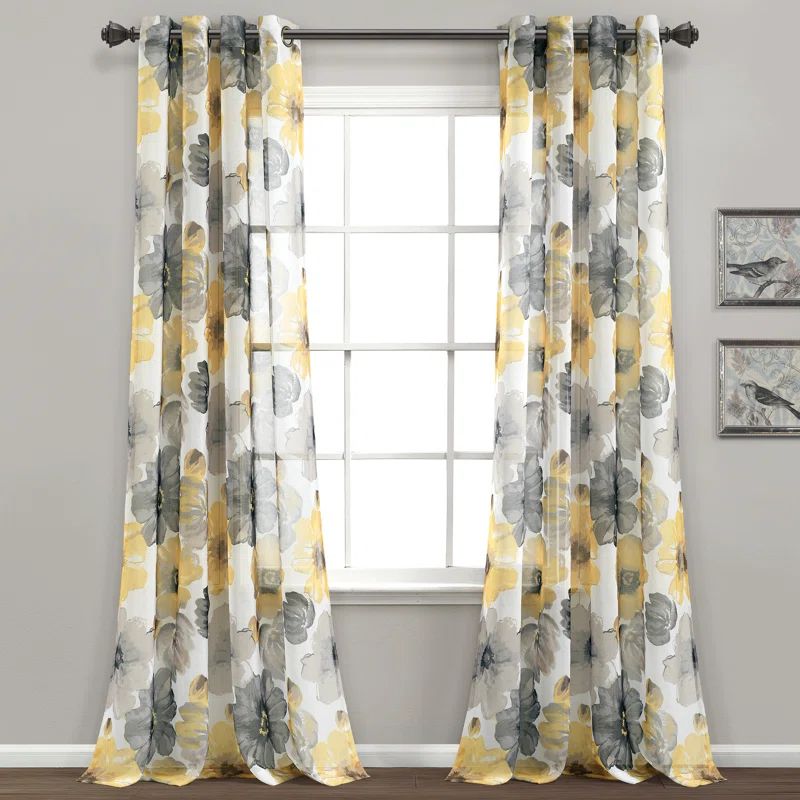 Yellow and Gray Floral Sheer Polyester Window Panels, 52" x 84"