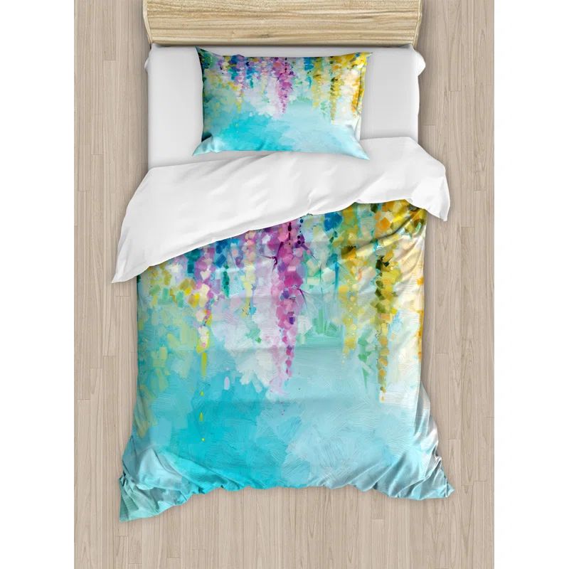Twin Blue and Yellow Floral Polyester Duvet Cover Set
