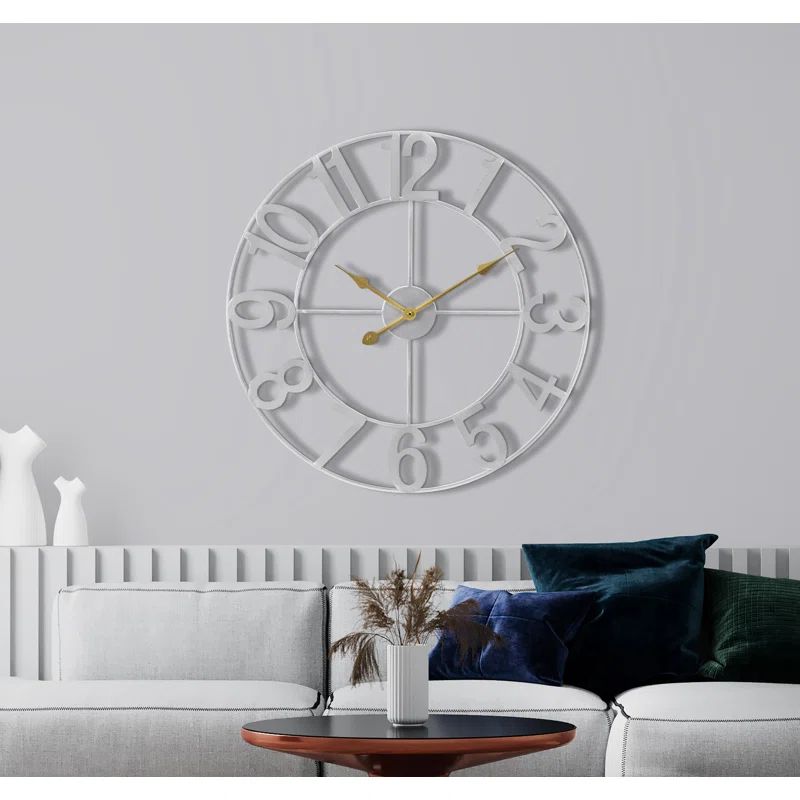 Oversized Silver Metal Analog Wall Clock with Gold Hands