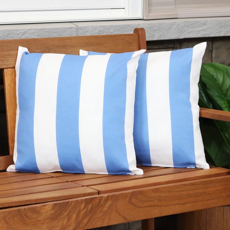Beach-Bound Stripe Blue and White Polyester Outdoor Pillow Covers, 17" x 17"