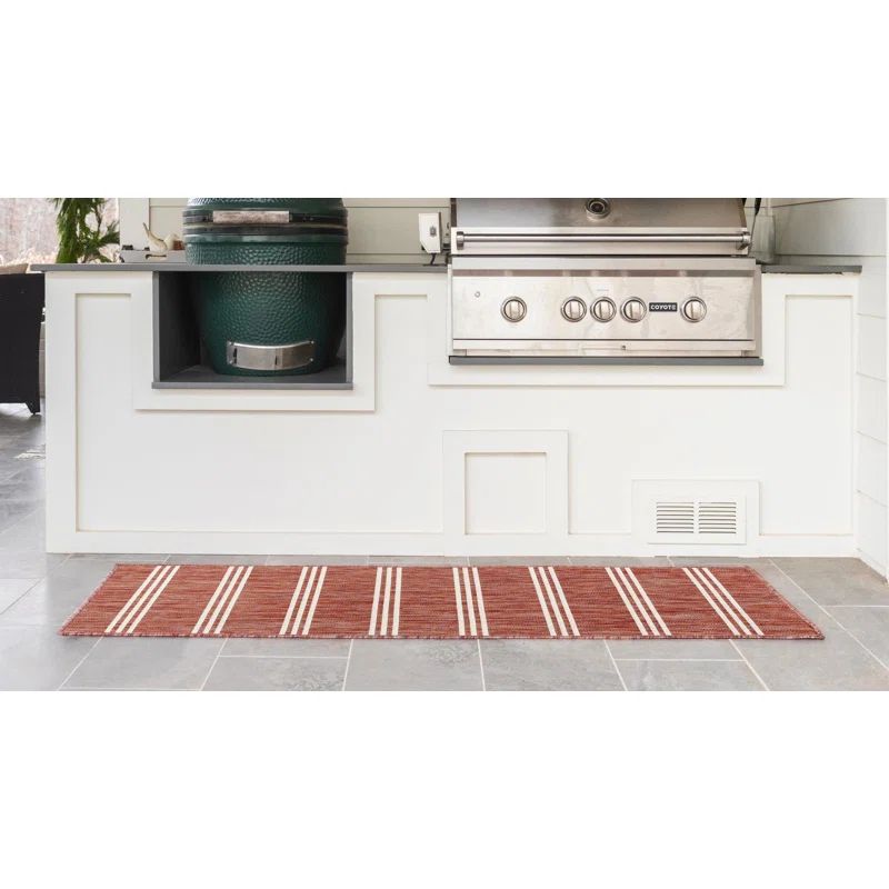 Rust Red and Ivory Stripe Synthetic Outdoor Runner Rug