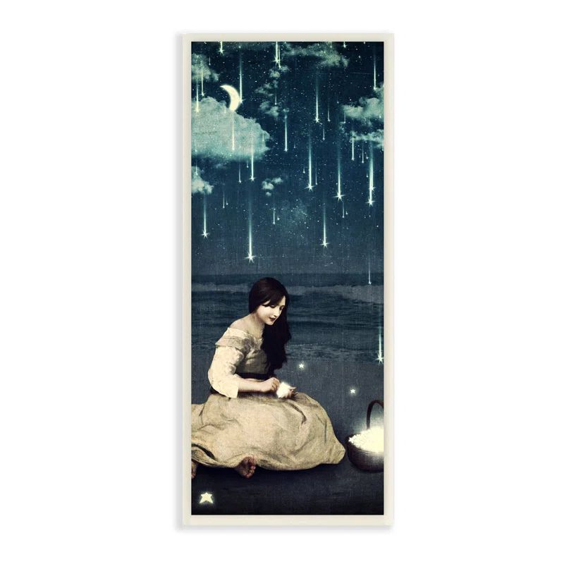 Raining Meteorites Stars Nighttime Moon Scene Wood Wall Art