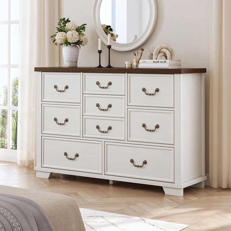 Antique White and Brown Wooden 9-Drawer Dresser with Metal Handles