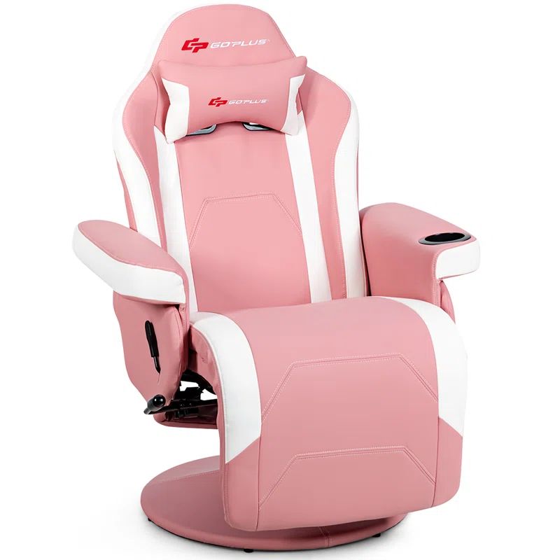 Pink and White PU Leather Reclining Gaming Chair with Footrest
