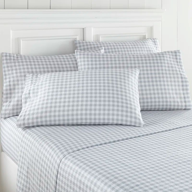 Twin Gingham Gray Polyester Satin Microfiber Sheet Set
