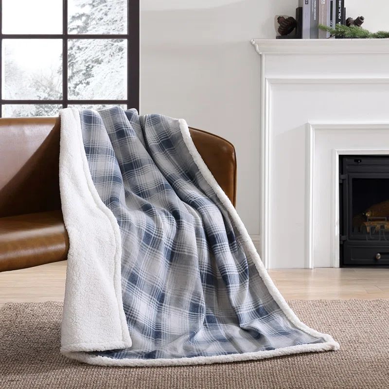 Nordic Plaid Blue Fleece Sherpa Reversible Oversized Throw Blanket
