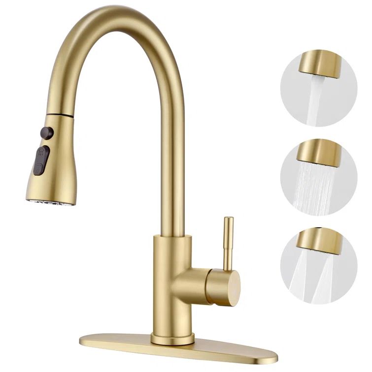 Brushed Gold Stainless Steel High Arc Kitchen Faucet with Pull-out Spray