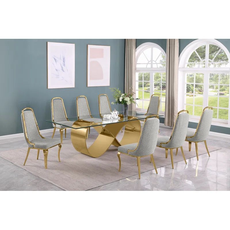 Celia 9-Piece Gold Stainless Steel and Gray Boucle Fabric Dining Set with Clear Glass Top