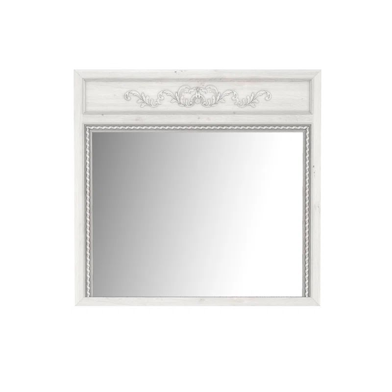 White Rectangular Transitional Wood Mirror with Carved Floral Accent