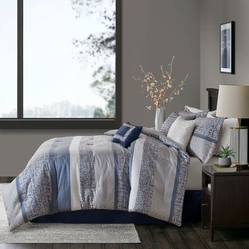 Navy and Gray Jacquard King Comforter Set with Decorative Pillows