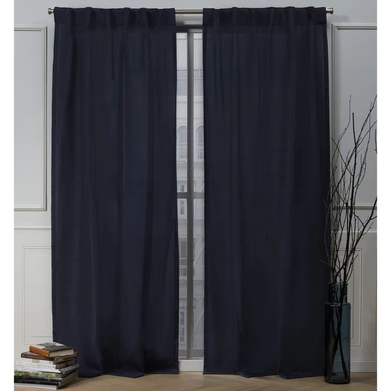 Peacoat Blue Faux Linen Sheer Window Curtain Panels, 84" x 54"