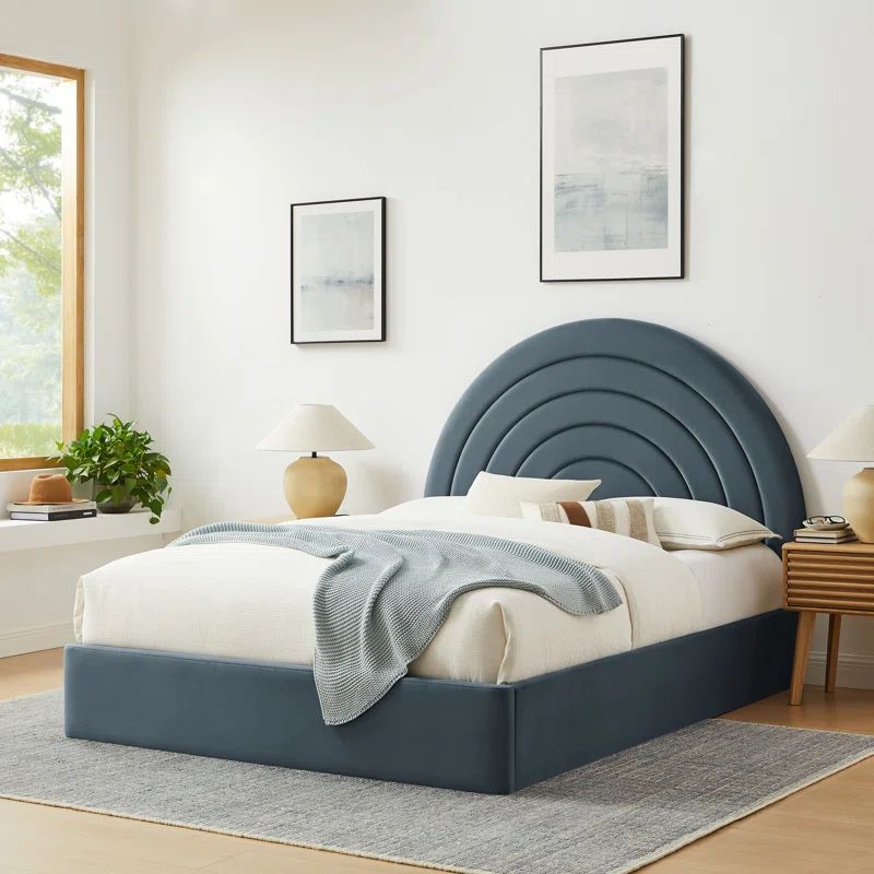 Solana Queen Blue Velvet Upholstered Platform Bed with Arch Headboard