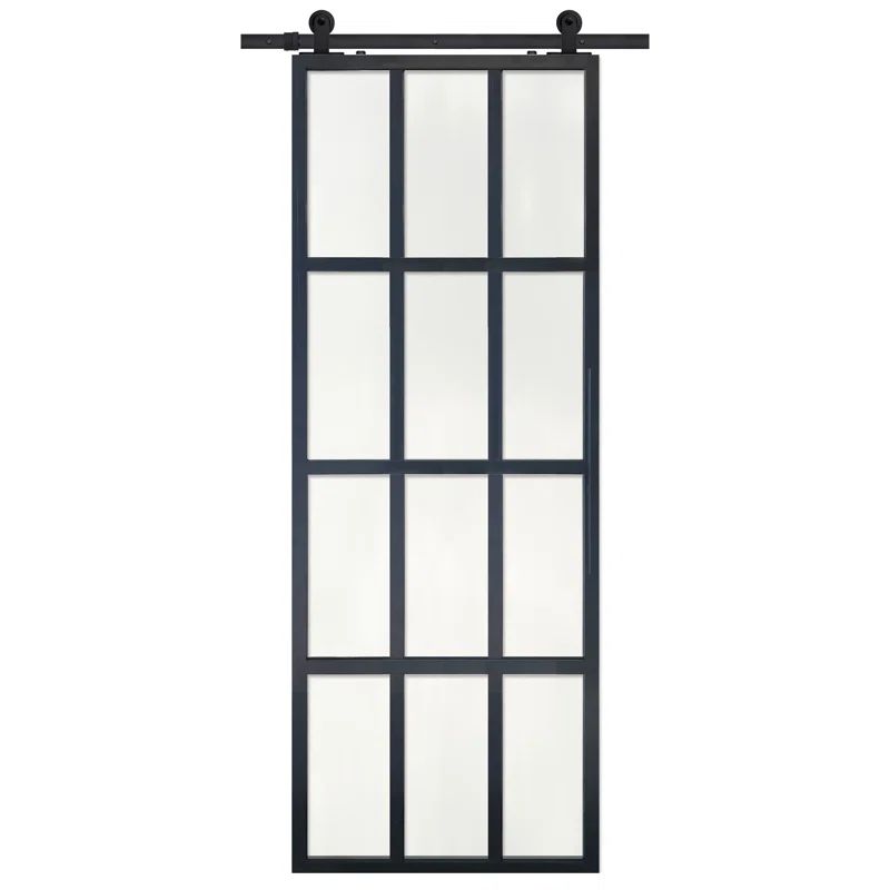 Modern Black Aluminum and Clear Glass Single Barn Door with Hardware